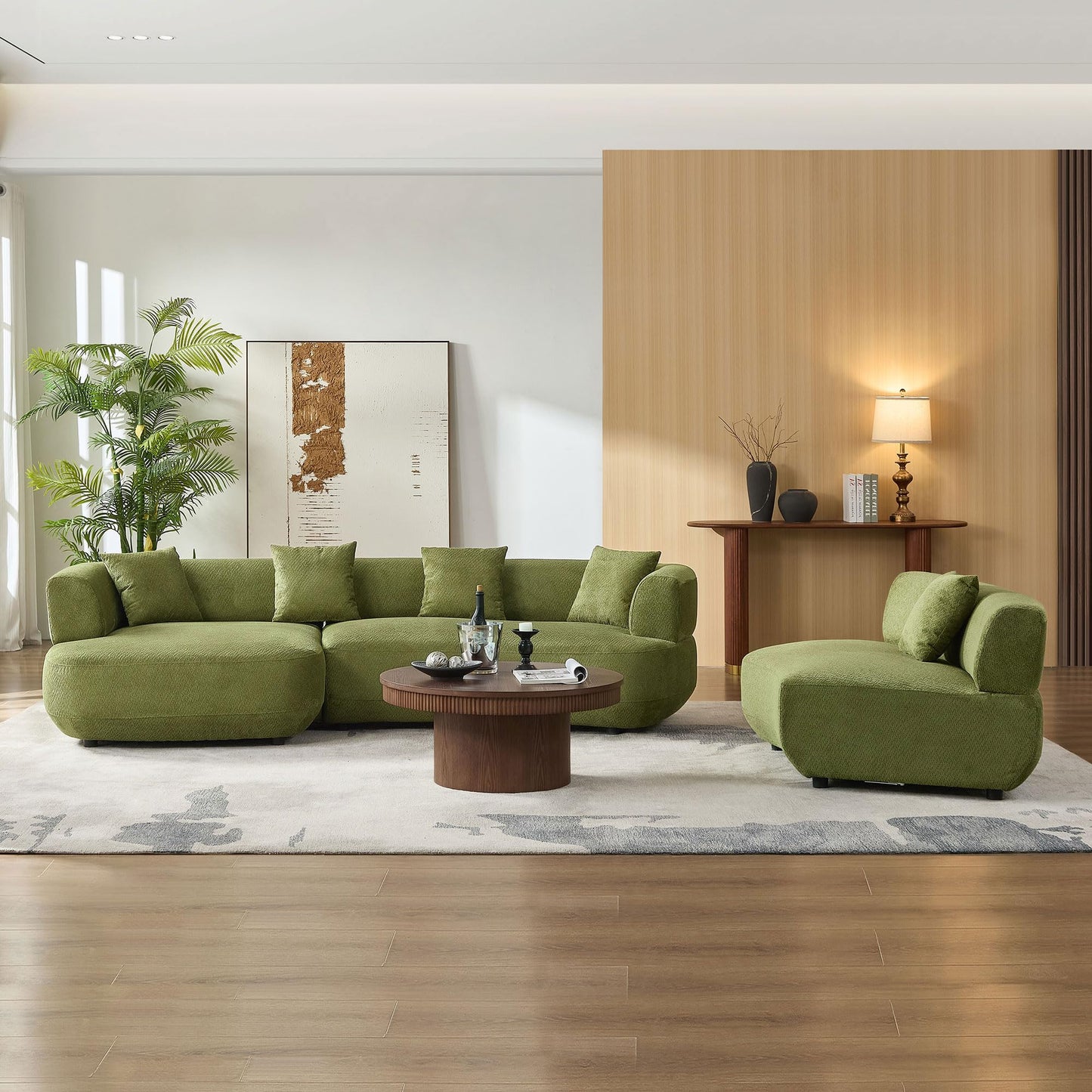 KEIKI 177" Curved Oversized Boucle Modular Sectional Sofa with Left Chaise, Upholstered 6-Seater Comfy Couch with 40D High-Resilience Seat Cushion & 5 Pillows, Easy Assembly, for Living Room, Green