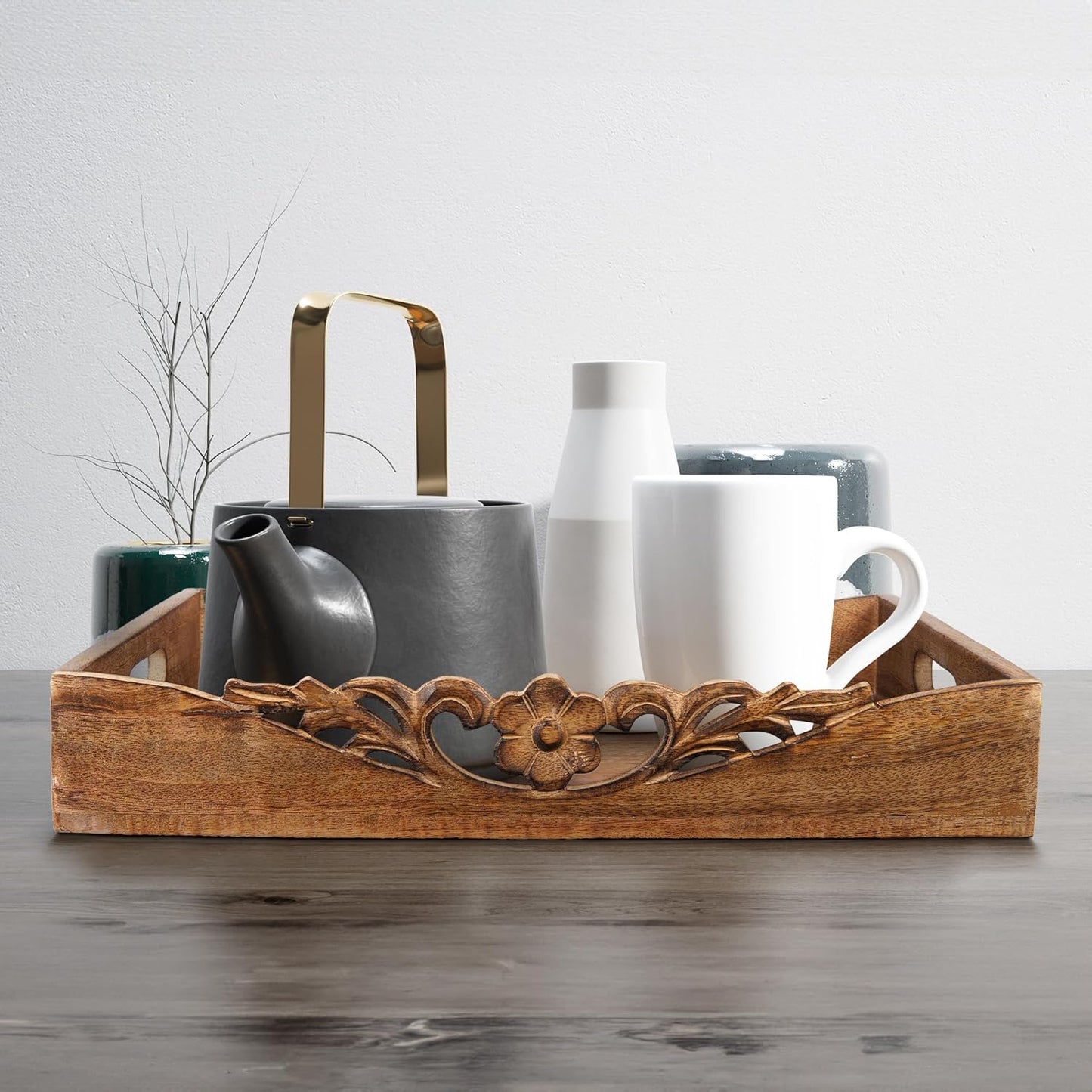 16x12x2.5 Countertop Mela Artisans Orchid Design Wooden Decorative Tray with Handles | Mango Wood Ottoman Tray |