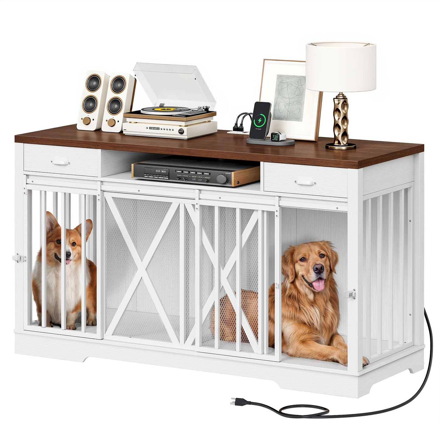 DWVO 63 Inch Double Dog Crate Furniture for 2 Dogs, Heavy Duty Wooden Dog Crate TV Stand with Charging Station, Dog Kennel Indoor Furniture Double Sliding Barn Door Design Ideal for 2 Dogs, White