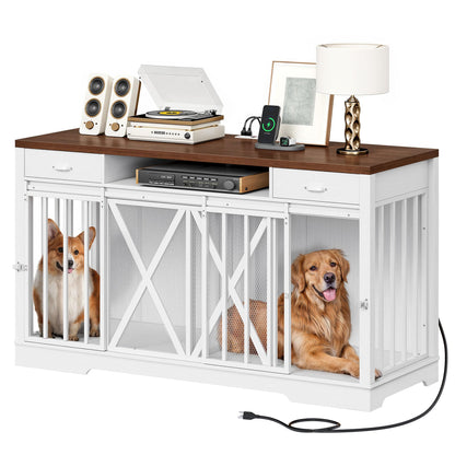 DWVO 63 Inch Double Dog Crate Furniture for 2 Dogs, Heavy Duty Wooden Dog Crate TV Stand with Charging Station, Dog Kennel Indoor Furniture Double Sliding Barn Door Design Ideal for 2 Dogs, White