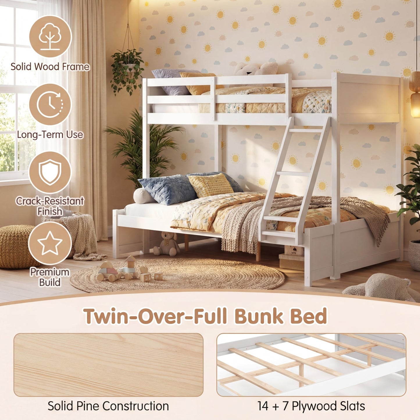 KOMFOTT Twin Over Full Bunk Bed, Pine Bed Frame with 3-Step Ladder, Full-Length Guardrails & 21 Wooden Support Slats, Solid Wood Bunk Bed for Teens, Kids, Adults, Dorms and Apartments (White)