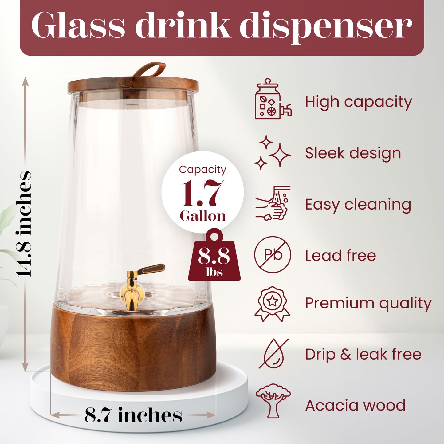 FOODLE Large Glass Drink Dispenser with Spigot - Glass Beverage Dispenser with Stand - Perfect for Parties & Weddings - Pitcher for Lemonade, Water, Sangria, Punch & Juice - Leakproof - 1.72 Gallon
