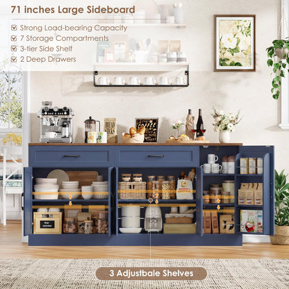 BOTLOG 71” Large Sideboard Buffet Cabinet with Storage, Farmhouse Buffet Cabinet with Adjustable Shelves and 3 Door Shelves, Wood Coffee Bar Console Table for Kitchen, Dining Room (Blue)