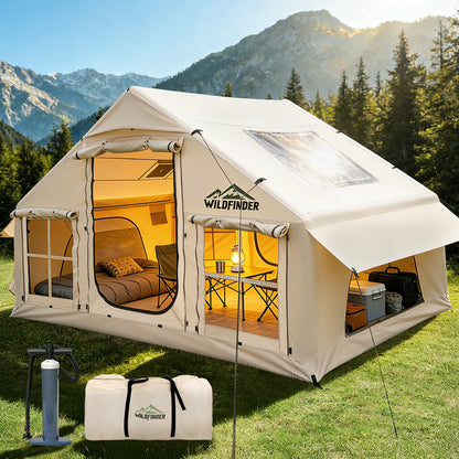 Inflatable Tent with Skylight, Quick Setup Blow Up Tents with Pump, Hot Tent with Stove Jack, Waterproof Oxford Inflatable House for Camping, Air Glamping Tents for Camping Adult 4-6 Person