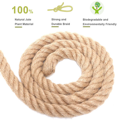 Heavy Duty Jute Rope - 1 Inch, 50 Feet, Natural Hemp for Crafts, Gardening, Bundling, Climbing, Hammock, Nautical, Tug of War, Railings, Home Decorating