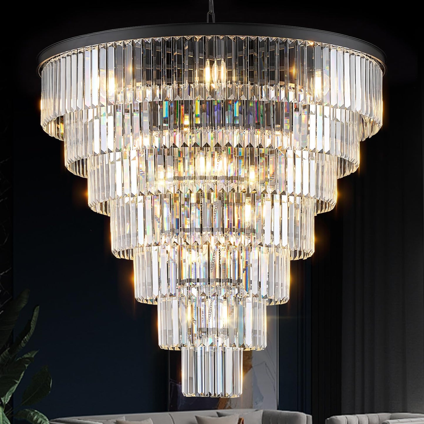 MERINEA Large Black Crystal Chandelier 36" Round Chandeliers for Staircase Modern 22 Lights 7-Tier Luxury K9 Crystal Ceiling Pendant Lighting Fixture for High Ceiling Living Room Foyer
