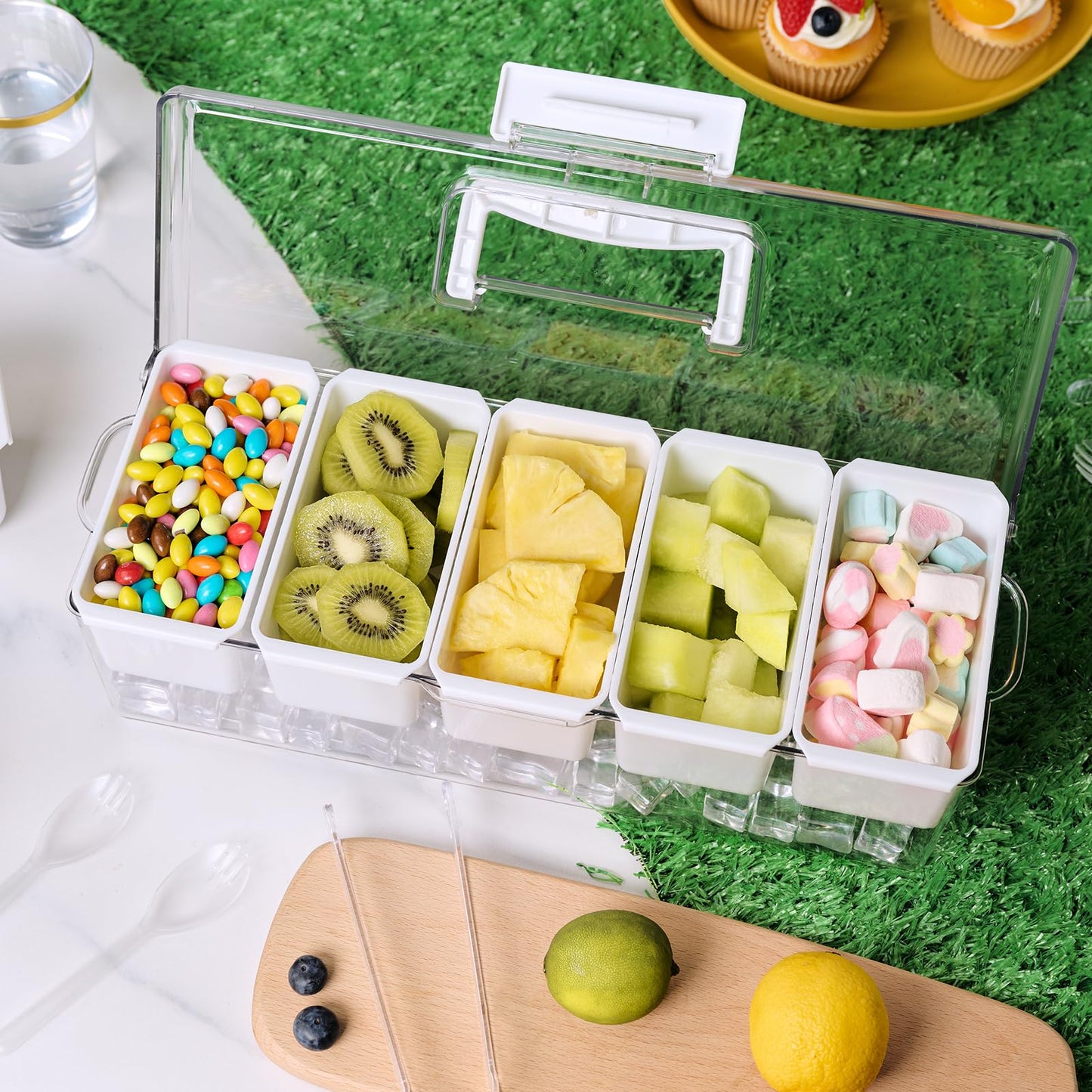 Luckore Chilled Condiment Caddy Server with 5 Removable Compartments Containers & Hidden Handle Design, Ice Chilled Condiment Tray Organizer, Clear Garnish Tray for Camping, Kitchen, Fruit, Salad