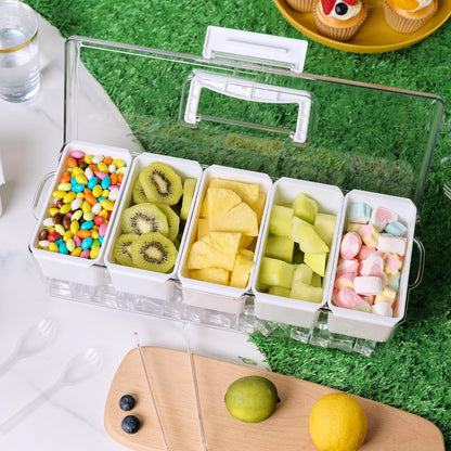 Luckore Chilled Condiment Caddy Server with 5 Removable Compartments Containers & Hidden Handle Design, Ice Chilled Condiment Tray Organizer, Clear Garnish Tray for Camping, Kitchen, Fruit, Salad