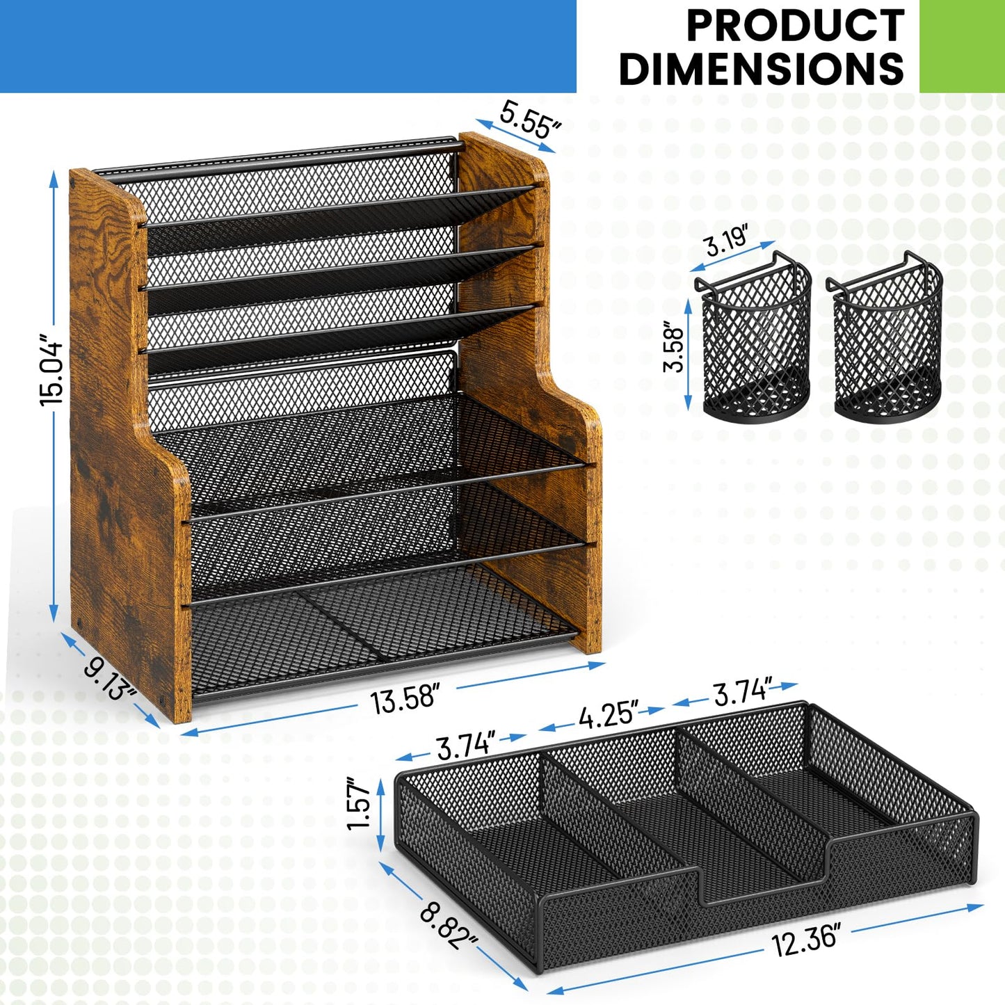 DAOUTIME 6-Tier Mesh Desk Organizer with Drawer, Wooden Office Organizer for Papers, Folders & Office Supplies - Sturdy Desktop File Holder with 2 Pen Holders - Space Saving Home Office Accessories