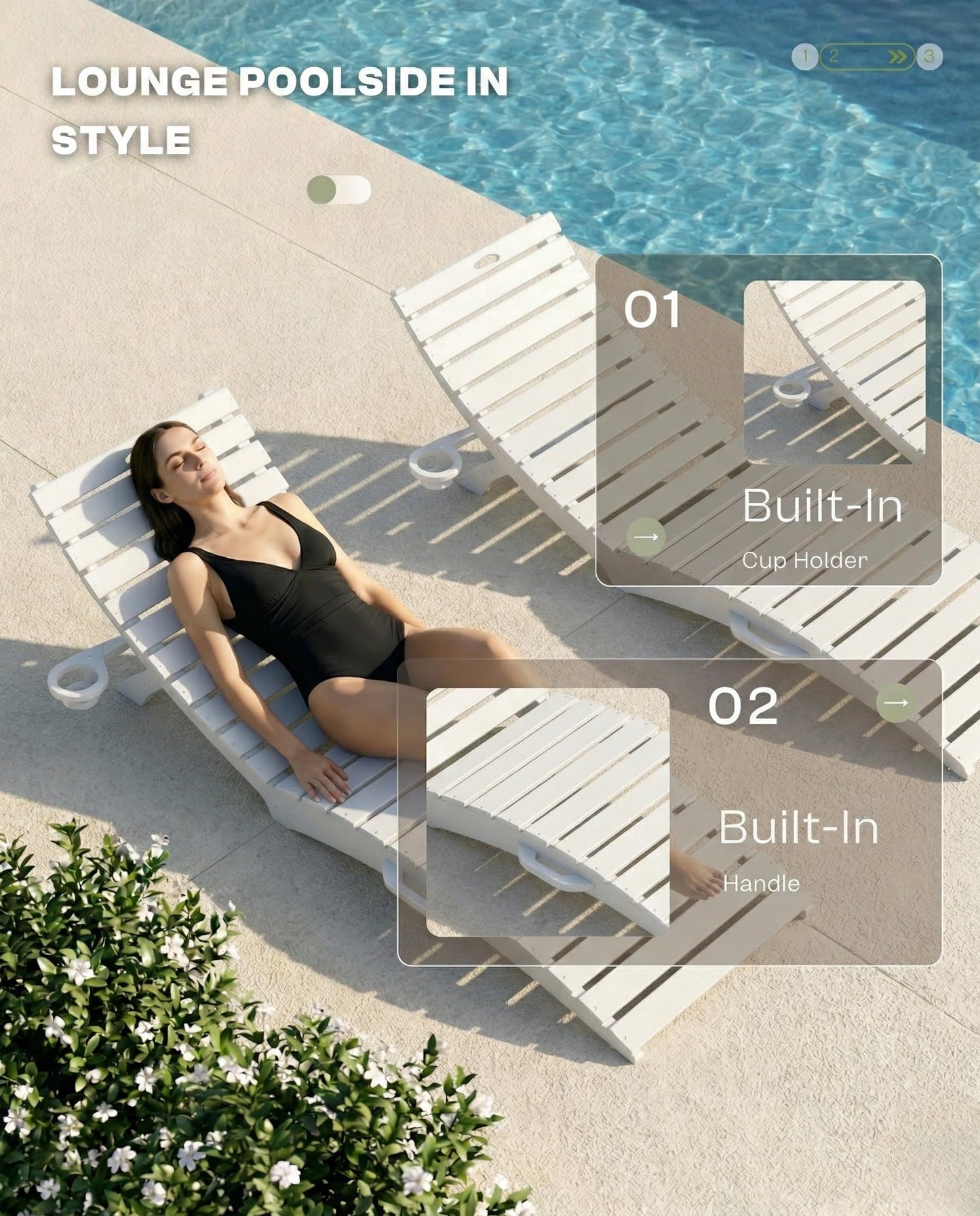 Tobeos Folding HDPE Pool Lounge Chairs Set of 2, Pre-Assembled Outdoor Chaise Lounge with Cup Holder for Poolside, Tanning Ledge, Pool Deck or Beach, Sandbag Not Included (White)