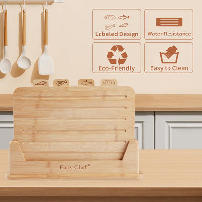 Fiery Chef 14.56"L x 11"W Bamboo Cutting Board Set of 4 - Wood Cutting Board Set with Holder, Chopping Boards Set with Food Icons, Juice Groove - Ideal for Meat, Fish, Bread, Vegetable, Fruit Chopping