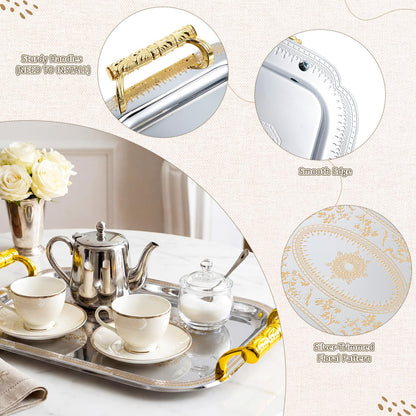 Teecyhooo 3 Pack Stainless Steel Serving Tray with Gold Handle Silver Metal Plate Platter Coffee Tea Serving Tray Floral Table Platter for Buffet Wedding Party Jewelry(Rectangle)