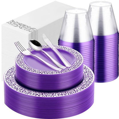 Norme 350 Pcs Purple Silver Plastic Dinnerware Set for 50 Guests Includes 50 Dinner Plates 10.2", 50 Plates 7.5", 150 Silverware Set, 50 Plastic Cups and 50 Napkin Disposable Plate for Wedding