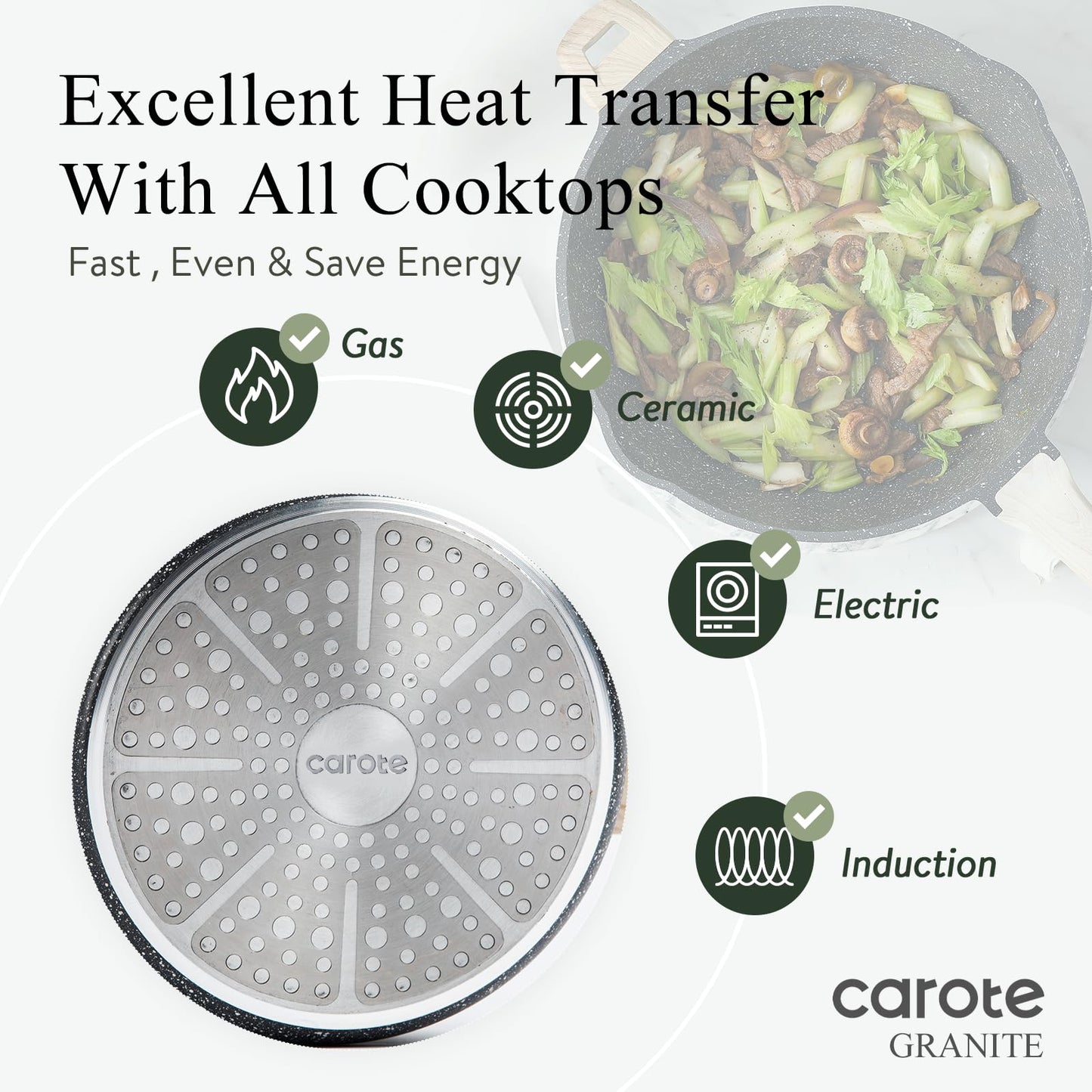 CAROTE 12 Inch Nonstick Deep Frying Pan with Lid, 5.5 Qt Jumbo Cooker Saute Pan with Pour Spout, Skillet Induction Cookware, Non Stick Cooking Pan PFOA Free, Classic Granite