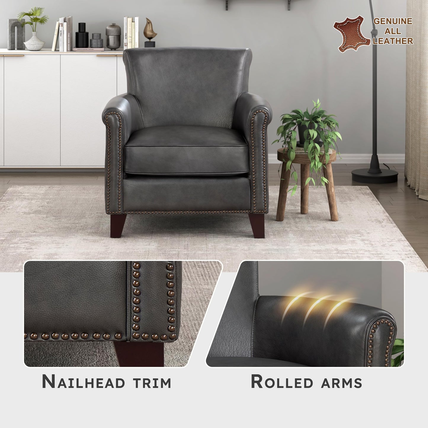Lexicon 100% Top Grain Genuine Leather Chair, Leather Accent Chairs for Living Room, Solid Wood Frame, Rolled Armrest & Nailhead Trim, Comfy Reading for Bedroom, Office, Waiting Room, Classic Gray