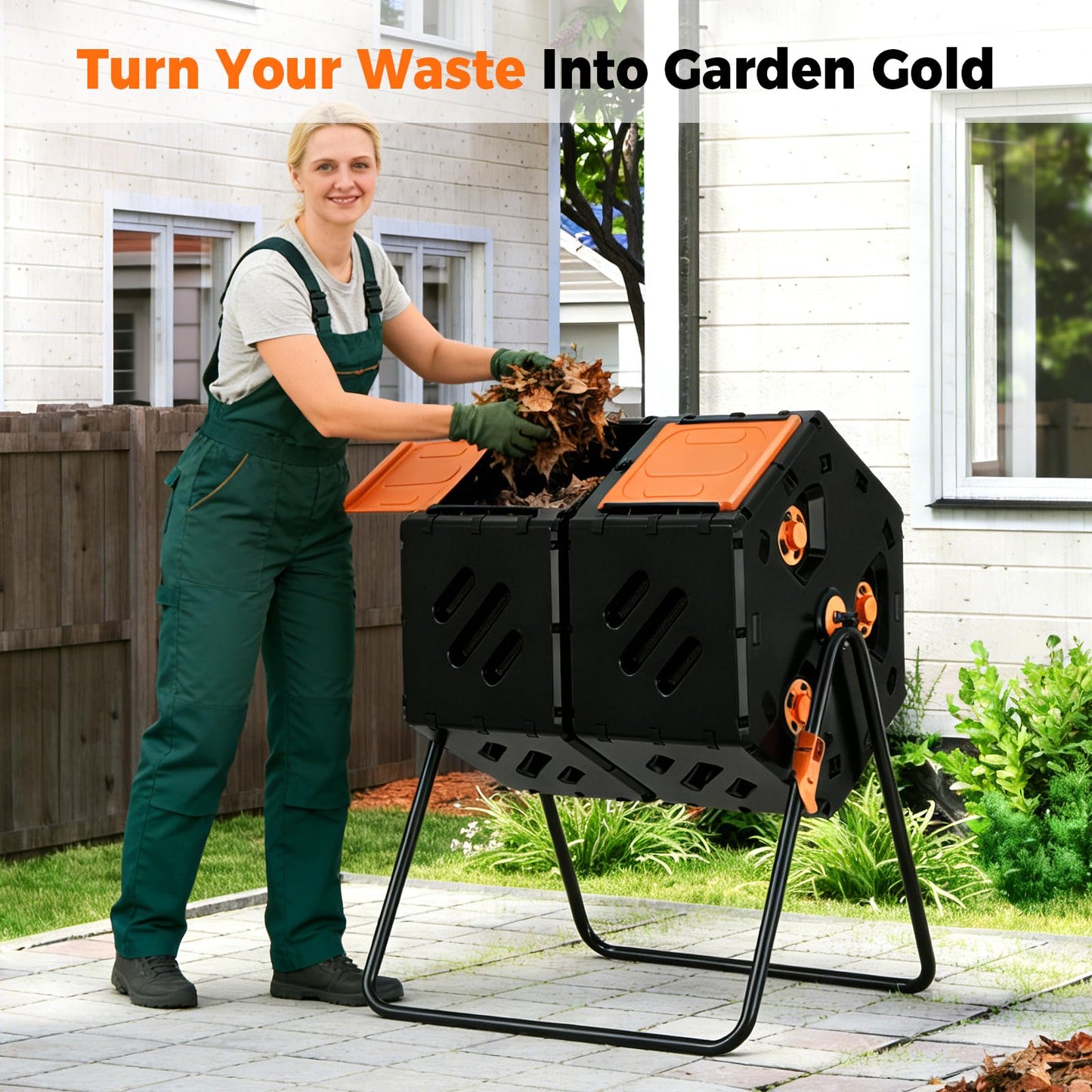 Cozurra 45 Gallon (170L) Compost Tumbler Outdoor, Dual Chamber Compost Bin with 360° Rotating Design, Adjustable Vents, Easy Assembly, Large Openings for Kitchen, Garden & Yard Waste
