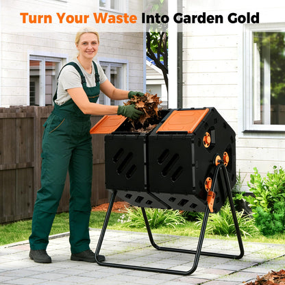 Cozurra 45 Gallon (170L) Compost Tumbler Outdoor, Dual Chamber Compost Bin with 360° Rotating Design, Adjustable Vents, Easy Assembly, Large Openings for Kitchen, Garden & Yard Waste