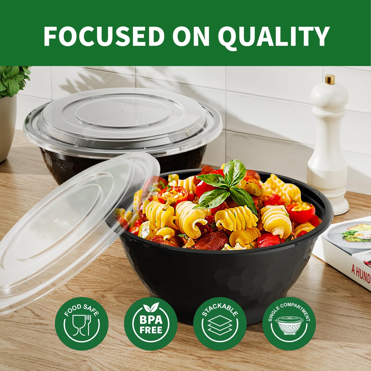 Apsic Meal Prep Bowls Containers, 50 Sets 48oz (100-Piece) Plastic Bowls with Lids for Soup Salad, Disposable To Go Food Storage Container, Round Lunch Box, BPA Free, Microwave/Dishwasher/Freezer Safe