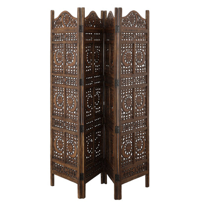 Hand Carved Sun and Moon Design Foldable 4 Panel Wooden Room Divider, Decorative Privacy Screen, Rustic Home Partition Decor