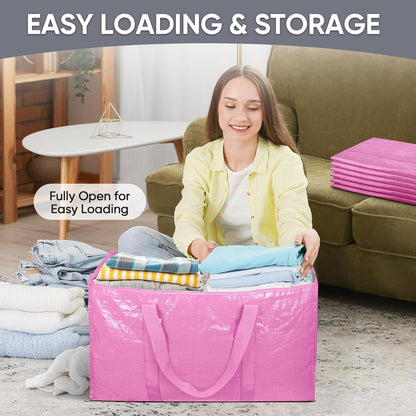 TICONN Extra Large Moving Bags - Heavy Duty Storage with Zippers & Handles | 6 Pack, Pink
