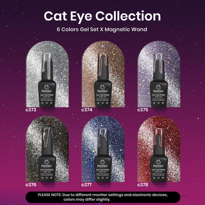 Beetles Cat Eye Gel Nail Polish Set, 6 Colors Glitter Red Pink Shiny Brown Burgundy Purple Blue Green Magnetic Effect Sparkle Stunning Nail Gel Polish Kit Soak Off UV Manicure Gifts for Women