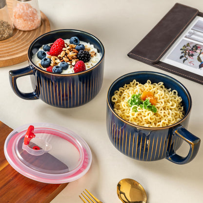 Pyrilo 38oz Blue Ceramic Soup Mug, Large Soup Bowl with Handle & Lid, Microwave & Dishwasher Safe Extra Large Soup Bowl with Lid for Cereal Oatmeal Ramen Instant Noodle Salad (1 Pack)
