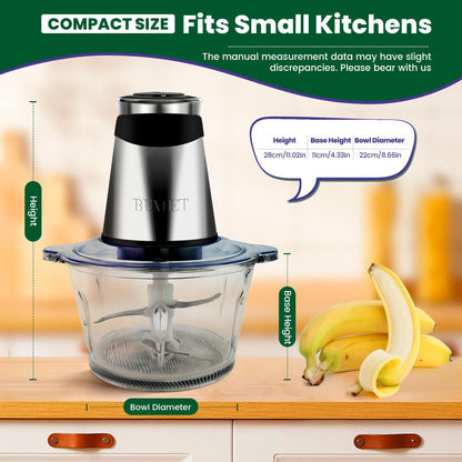 BUMET Electric food processor vegetable chopper 500W 2x8cup bowls 2 bi-layer 4 blades Small Food chopper ideal as Electric Meat grinder for home use,Mincing,chopping for kitchen aid,baby foot,pet food