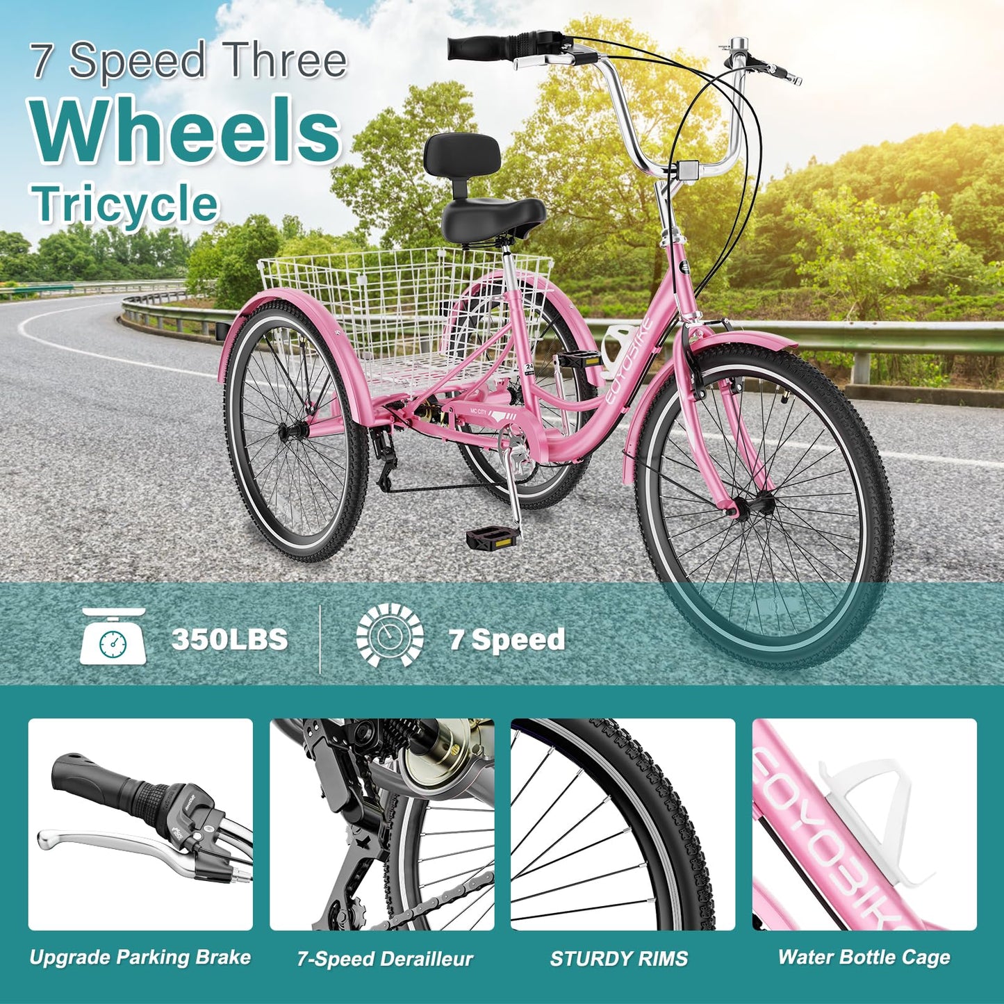 MOPHOTO Adult Tricycle 7 Speed, 20/24/26 Inch Low Step-Through Adult Trike with Large Rear Basket, 350 lbs Capacity 3 Wheel Bike for Seniors, Women and Men