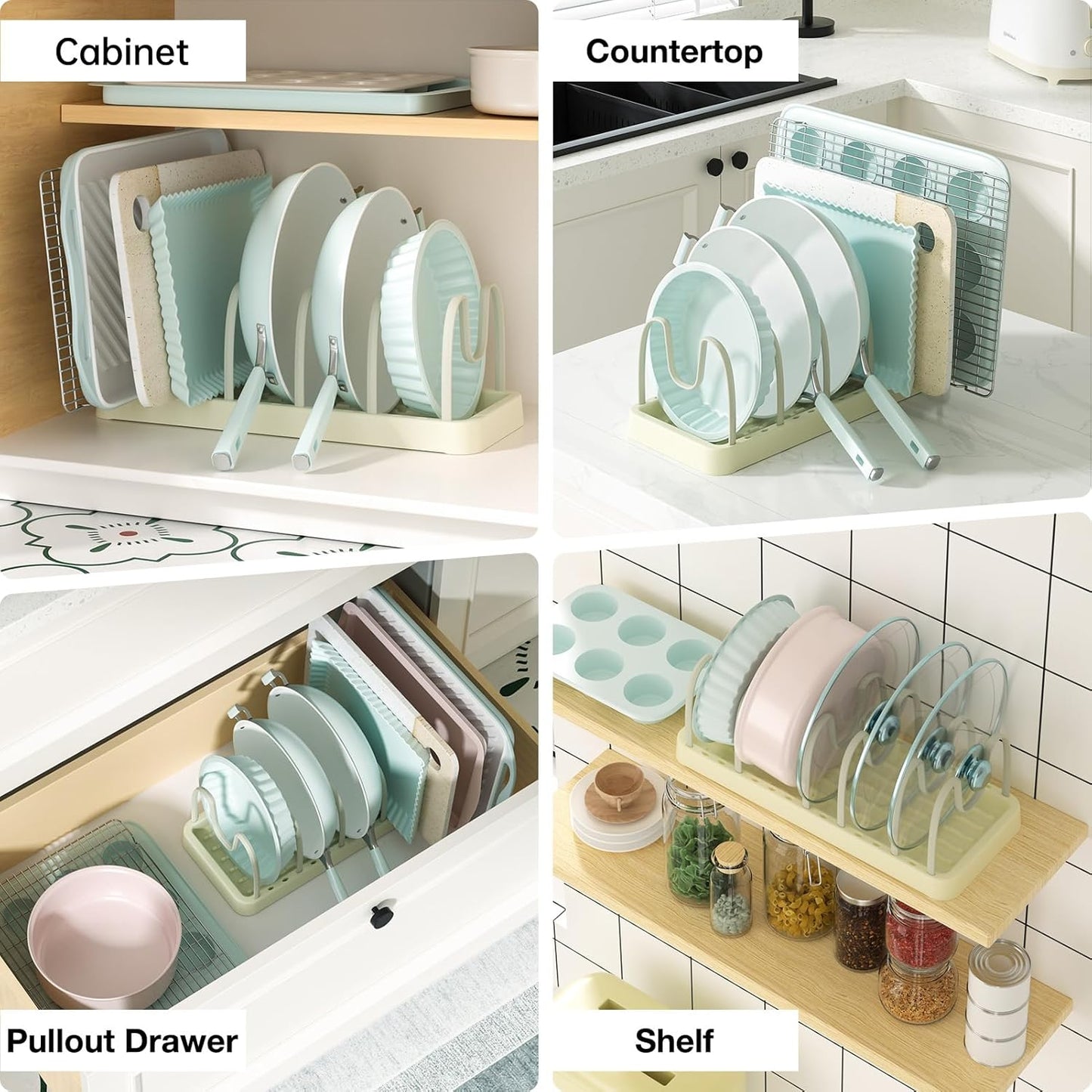Pots and Pans Organizer for Under Cabinet, 6 Adjustable Compartment Kitchen Cabinet Organizers and Storage for Bakeware.