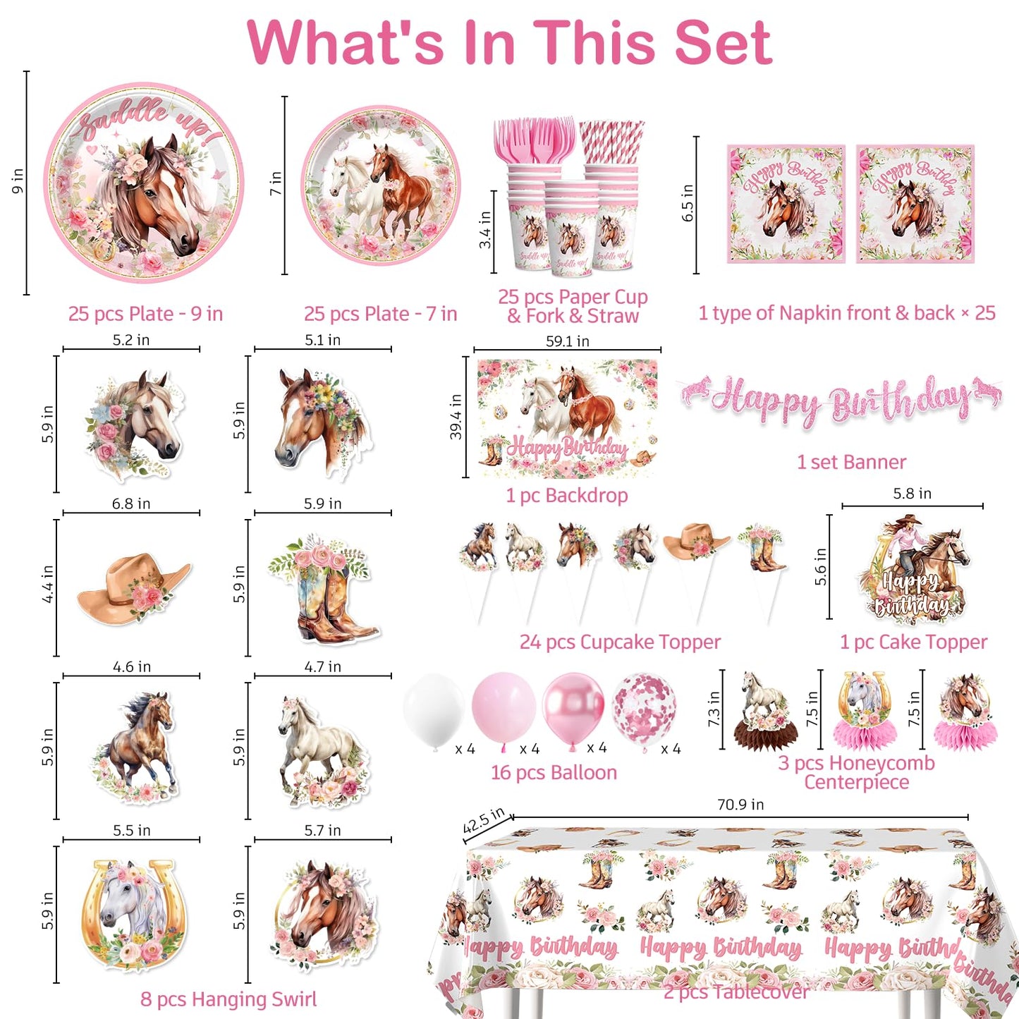 214Pcs Cowgirl Birthday Party Decorations Serve 25, Horse Party Supplies Includes Backdrop, Plates, Napkins, Cups, Banner, Hanging Swirl, Tablecloth, Cake Topper for Girl Birthday Decorations