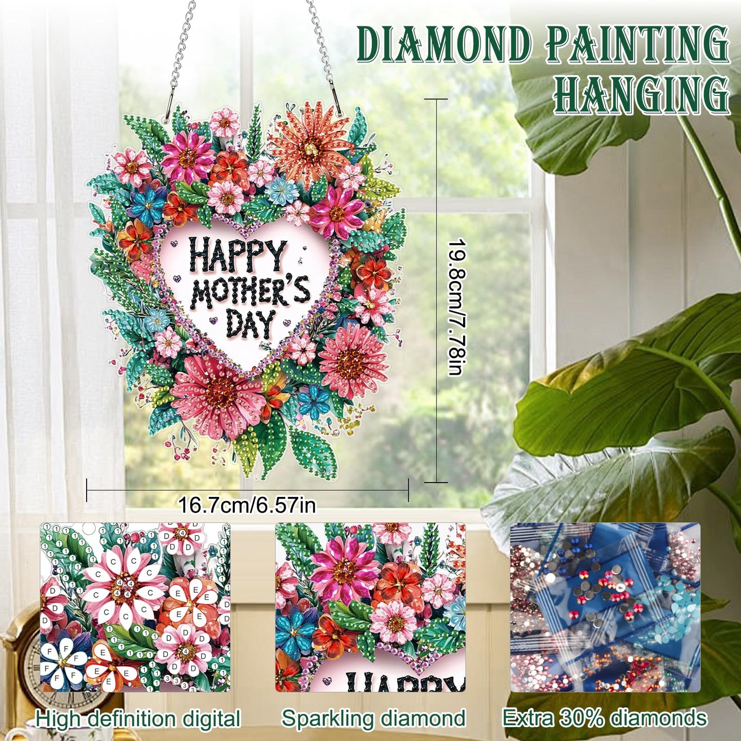 MAXBYE Diamonds Painting Kits Hanging Pendant, Special Shaped Crystal DIY Mother's Day Flowers Diamond Art, Diamond Art for Beginners DIY Crafts, Window Pendant Ornament for Home Decoration, 7.8in