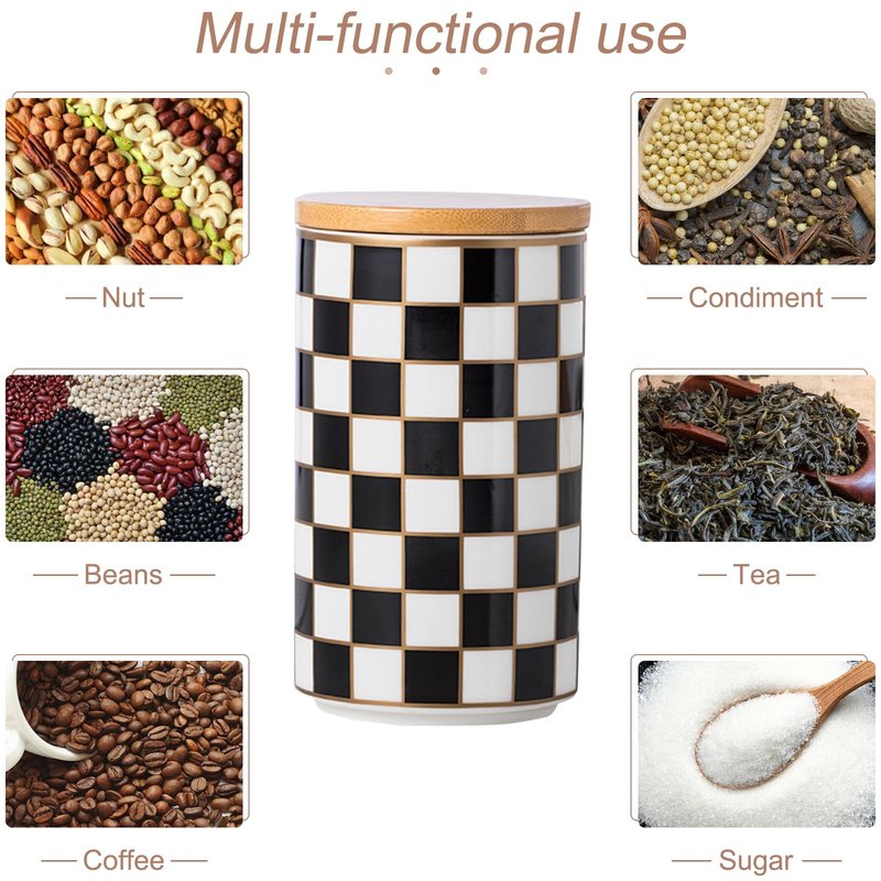 XYQXYQ Kitchen Countertop Ceramic Checkered Canisters,Black And White Food Storage Containers With Lid,Airtight Kitchen Canisters for Flour, Sugar, Coffee, Tea, and Dry Goods (Black, Large)