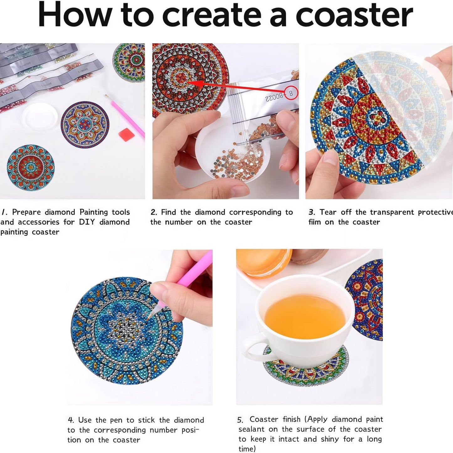 DDGYP 8 Pcs Mandala Diamond Painting Coasters with Holder, DIY 5D Diamond Art Craft Supplies for Home Decor, Diamond Art Kits for Adults