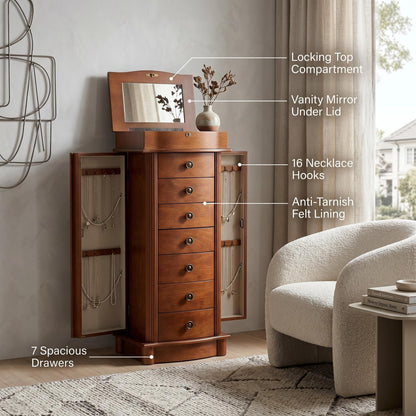 Hives and Honey Nora Jewelry Armoire Cabinet with Mirror – 7 Drawers, Locking Top, Necklace Hooks, Anti-Tarnish Felt – Traditional Standing Jewelry Organizer for Women, Walnut