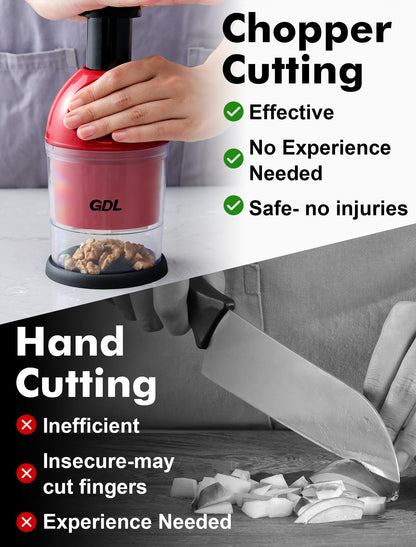 Food Chopper, Hand Chopper Dicer Easy to Clean, Manual Slap Vegetable Cutter Onion Dicer, Garlic Mincer for Onion, Nut, Tomato, Pepper, Celery, etc, Red