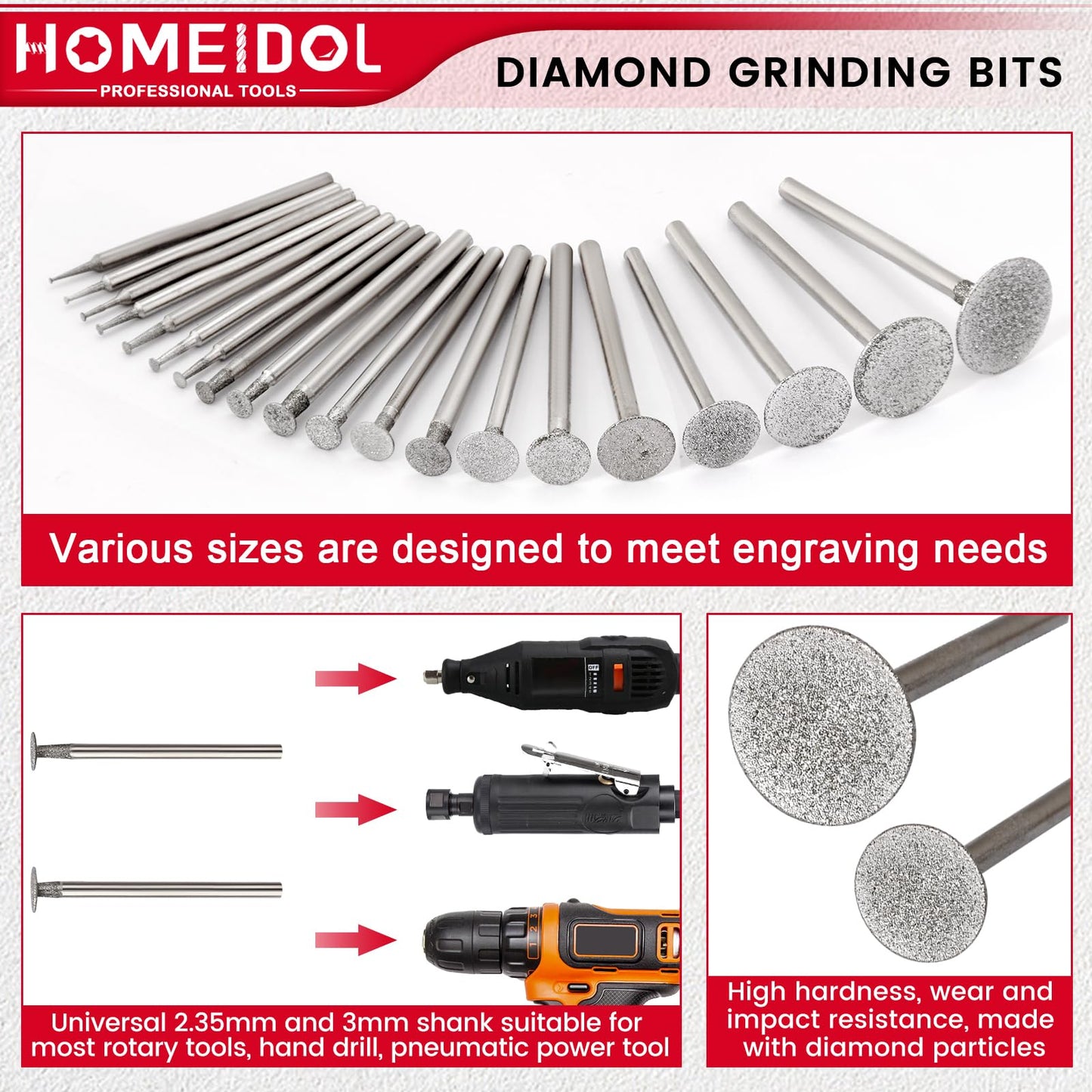 20Pcs Diamond Sanding Bit Compatible with Dremel Polishing Kit, HOMEIDOL T Shape 3/32"(2.35mm), 1/8"(3mm) Diamond Bits Rotary Tool Accessorie for Carving, Engraving, Grinding, Stone, Rocks, Jewelry