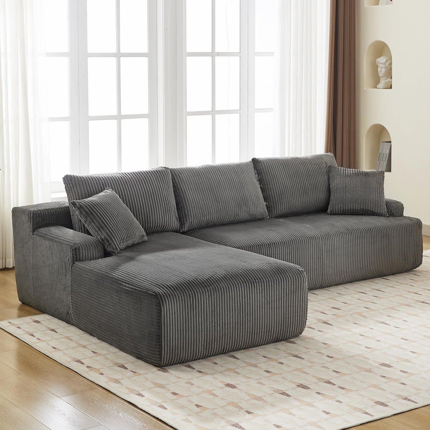 Cloud Boneless L-Shape Couch 108" Modern Sectional Comfy No Assembly Required Sleeper Modular Sofa with Corduroy Fabric Deep Seat Loveseat + Chaise Lounge Chair for Living Room