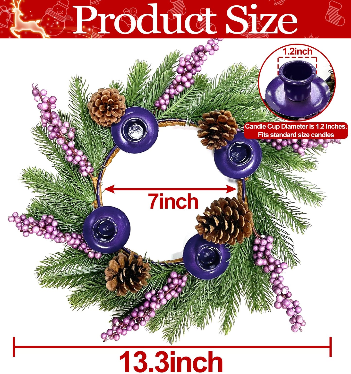 [ Safety Fire Retardant ] Christmas Advent Wreath, Purple Christmas Wreaths with 4 Candle Holder 4 Pinecones 6 Berry Christmas Centerpieces Decorations for Advent Church Table Holiday Home(No Candles)