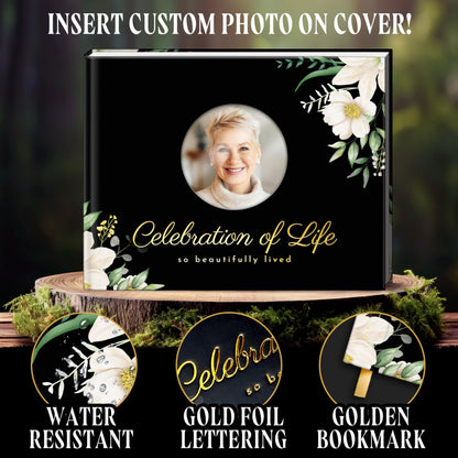GUATE STORE Funeral Guest Book – Black Cover, 3-Piece Set with Guest Book, Table Sign, and Pen – Memory Book for Celebration of Life, Memorial Signing, Elegant Funeral Supplies, and Durable Design