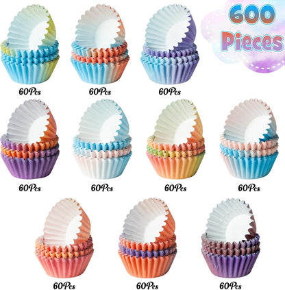 Mini Cupcake Paper Liner, 600pcs Gradient Pastel Baking Cups, Purple Blue Orange Cake Wrap Supplies