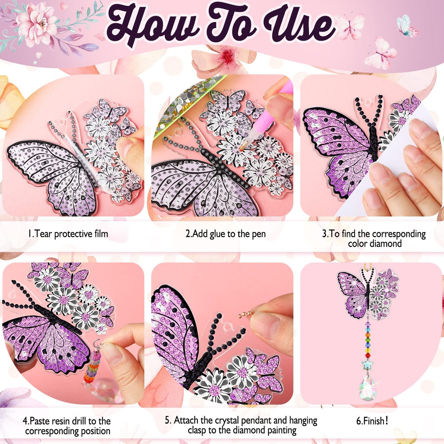 Tradder 6 Pcs Spring Butterfly Diamond Painting Wind Chimes Diamond Painting Suncatcher Art Kit Double Sided Butterfly Ornaments 5d Rhinestone for Spring Home Garden