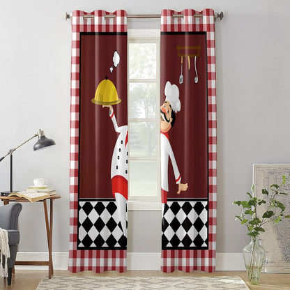 Kitchen Chef Gourmet 2 Piece Window Curtain for Bedroom Living Room, Red Checkered White Lace Drapes