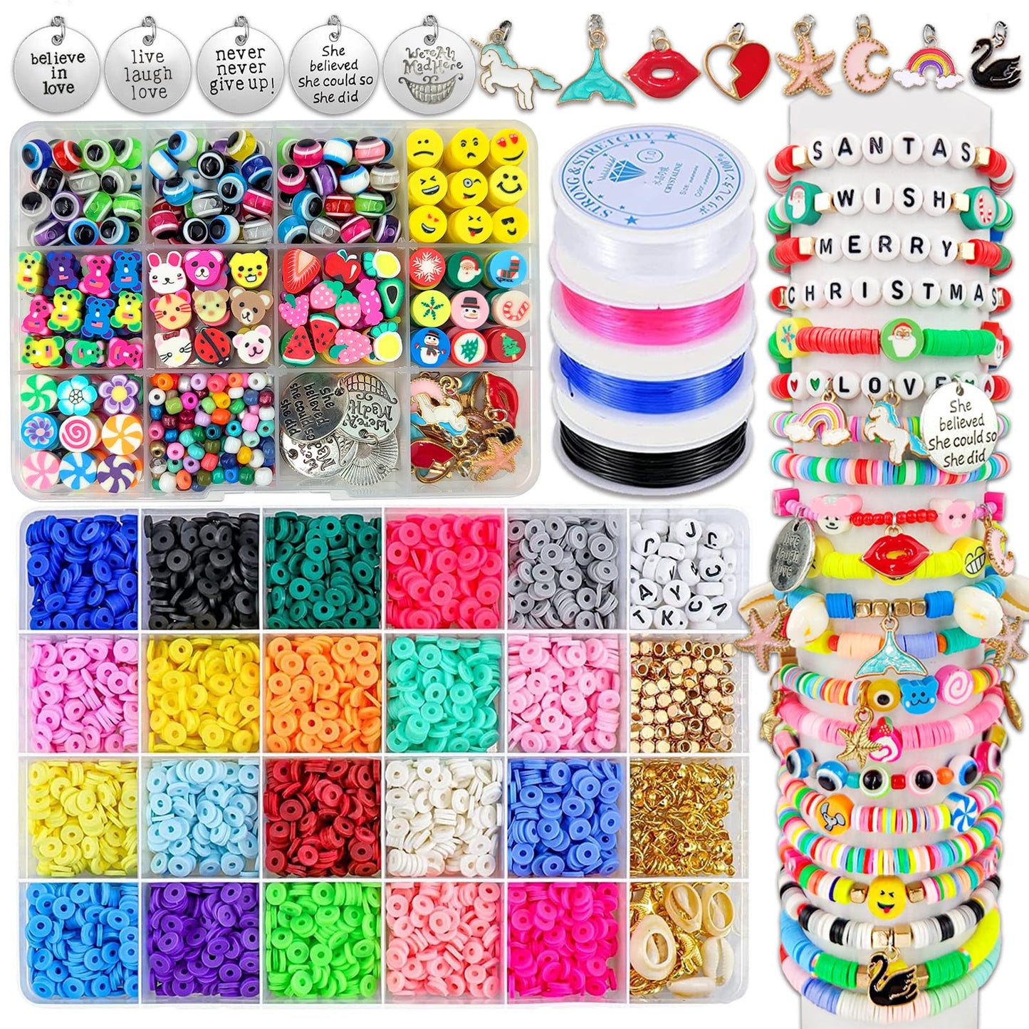 Wakestar Clay Beads Bracelet Making Kit,Flat Round 6mm Clay Beads for Jewelry Making with Pendant Charms Kit,Art Crafts Gift Sets for Girls Ages 3 4 5 6 7 8 9 10 11 12