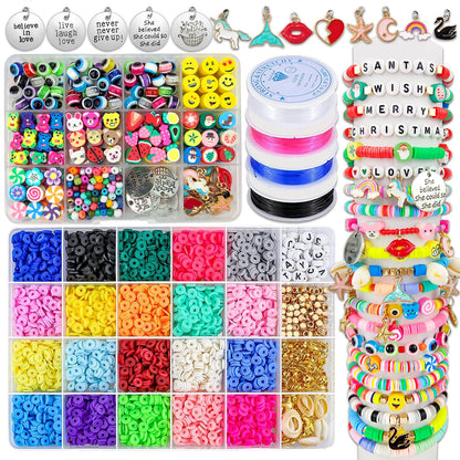 Wakestar Clay Beads Bracelet Making Kit,Flat Round 6mm Clay Beads for Jewelry Making with Pendant Charms Kit,Art Crafts Gift Sets for Girls Ages 3 4 5 6 7 8 9 10 11 12