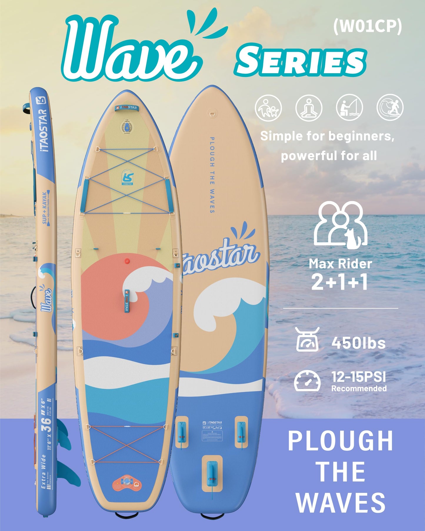 iTAOSTAR W01CP 36" Super Wide Paddle Board, More Fun Inflatable Paddleboard with 5 Fins for Better Balance, Stand Up Paddle Board with Premium SUP Accessories for Adults of All Skill Levels