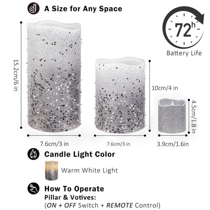 FURORA LIGHTING Silver Glitter LED Candles with Remote and Timer, 4 Pillars and 4 Votives Pack of 8, Real Wax Flameless Flickering Candles for Home Décor, Battery Included