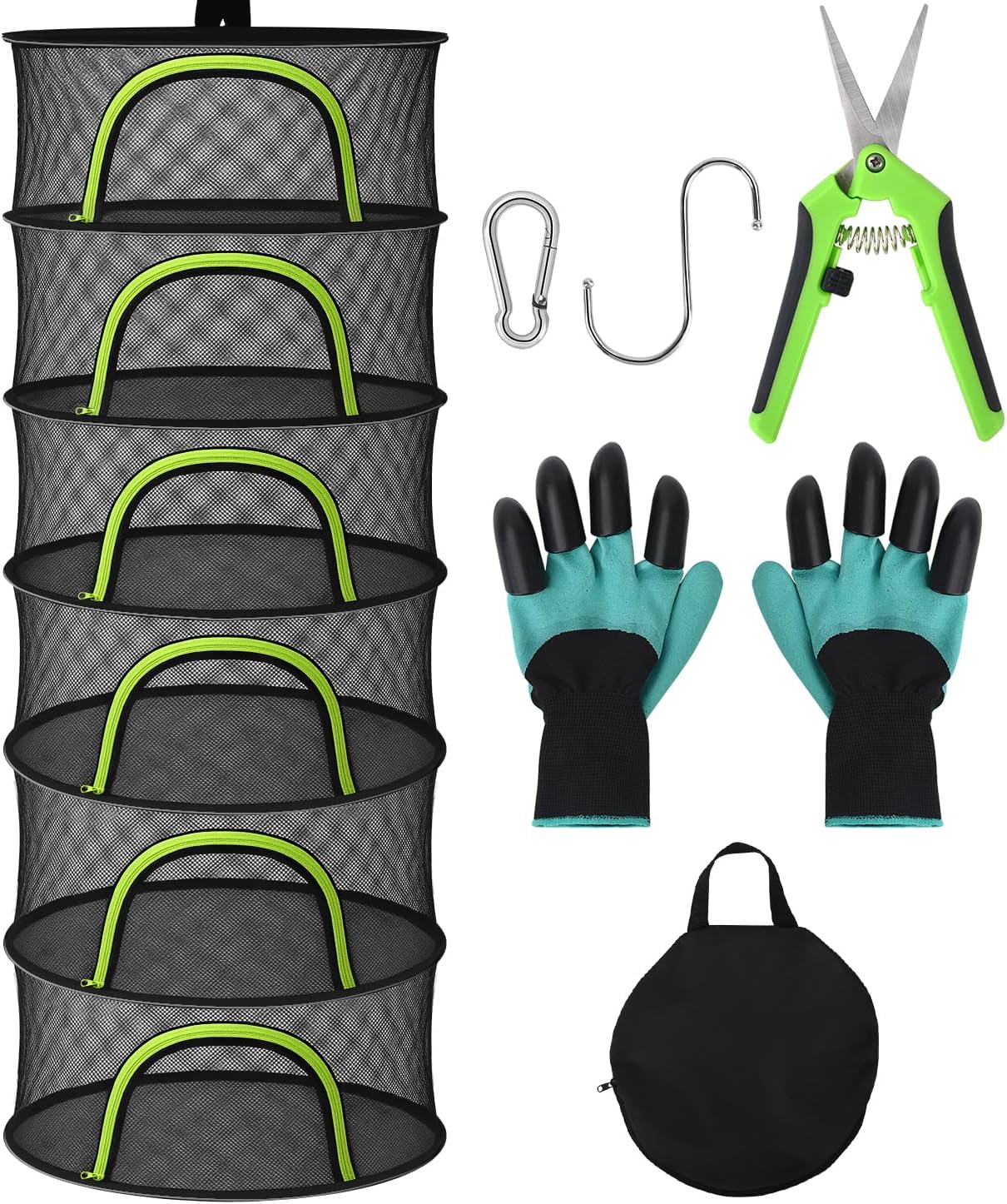 BRIVADO 6 24" Herb Drying Rack Hanging Mesh Layer with Zipper, Gloves, Garden Pruning Shear, Hook & Carabiner Clip