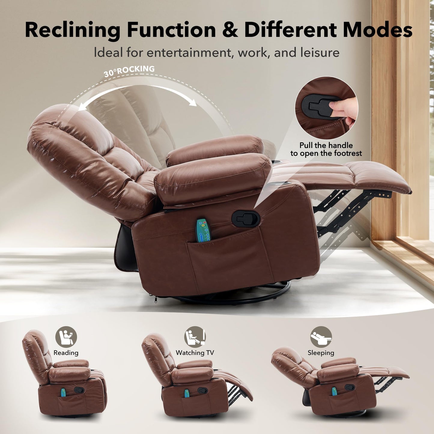 Oversized Wide Recliner Chair-Heat and Vibration Massage, PU Leather Manual Recliner for Adults, 360° Swivel Rocker Chair with Cup Holders & Side Pocket,Lazy Boy Chair for Living Room, Bedroom,Brown
