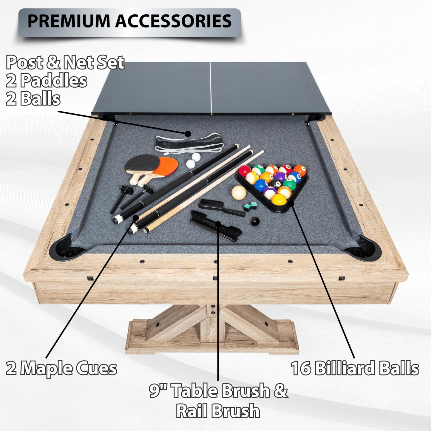 7' 3 in 1 Multi Game Pool Table with Dining Top Pool Ping Pong Table Combo with Dual Storage Bench Seating. Includes Billiards, Ping Pong Accessories. (Rustic Oak with Grey Felt)
