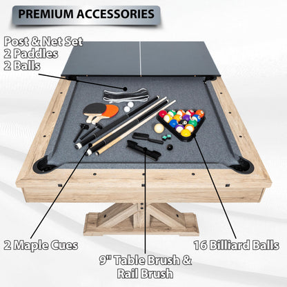 7' 3 in 1 Multi Game Pool Table with Dining Top Pool Ping Pong Table Combo with Dual Storage Bench Seating. Includes Billiards, Ping Pong Accessories. (Rustic Oak with Grey Felt)